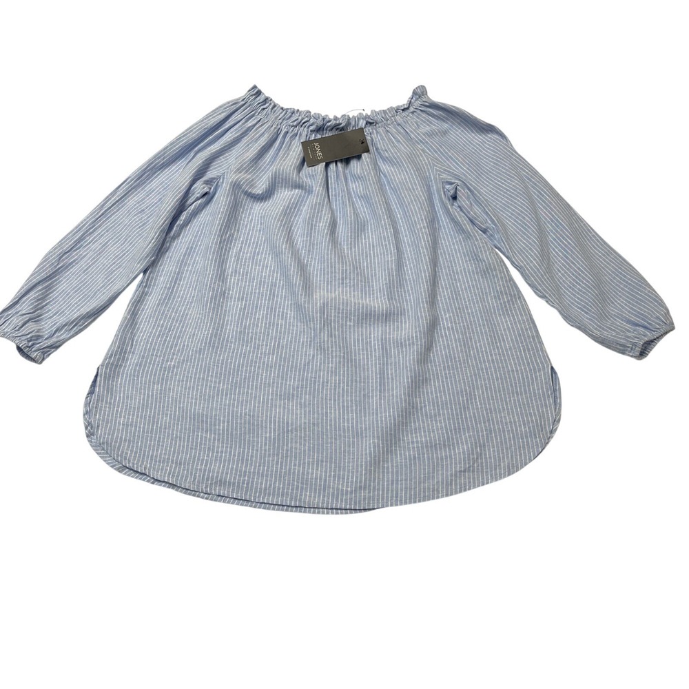 Jones New York Top Blue White Striped Linen Blend Size M Off Shoulder Tunic